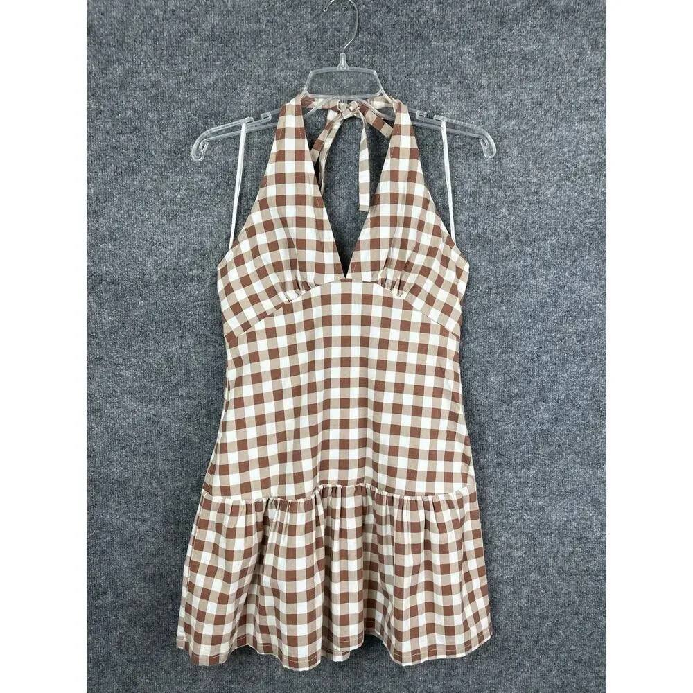 Free People Cecil Flounce Hem Cotton Blend Halter Plaid Minidress Size M - Picture 1 of 11